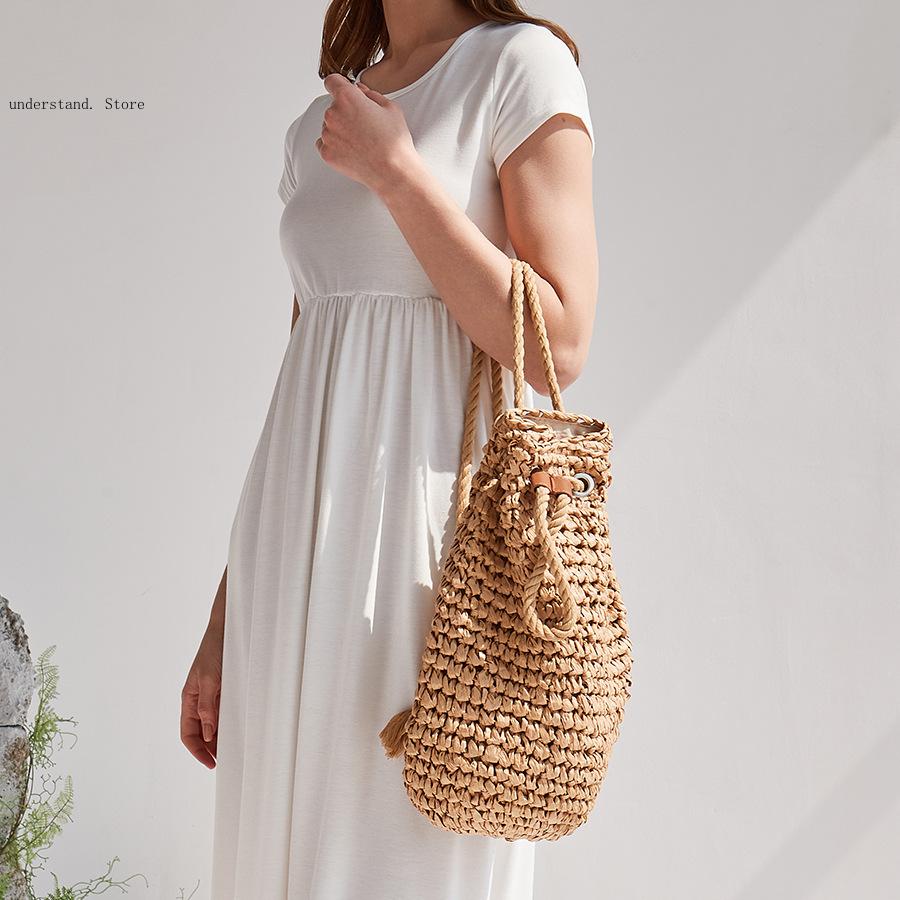 Handmade Drawstring Beach Shou - Women'S Raffia Bags 评论和价格